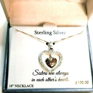 Timeless Sterling Silver Two Tone Crystal Sisters Heart Pendant Necklace 18"